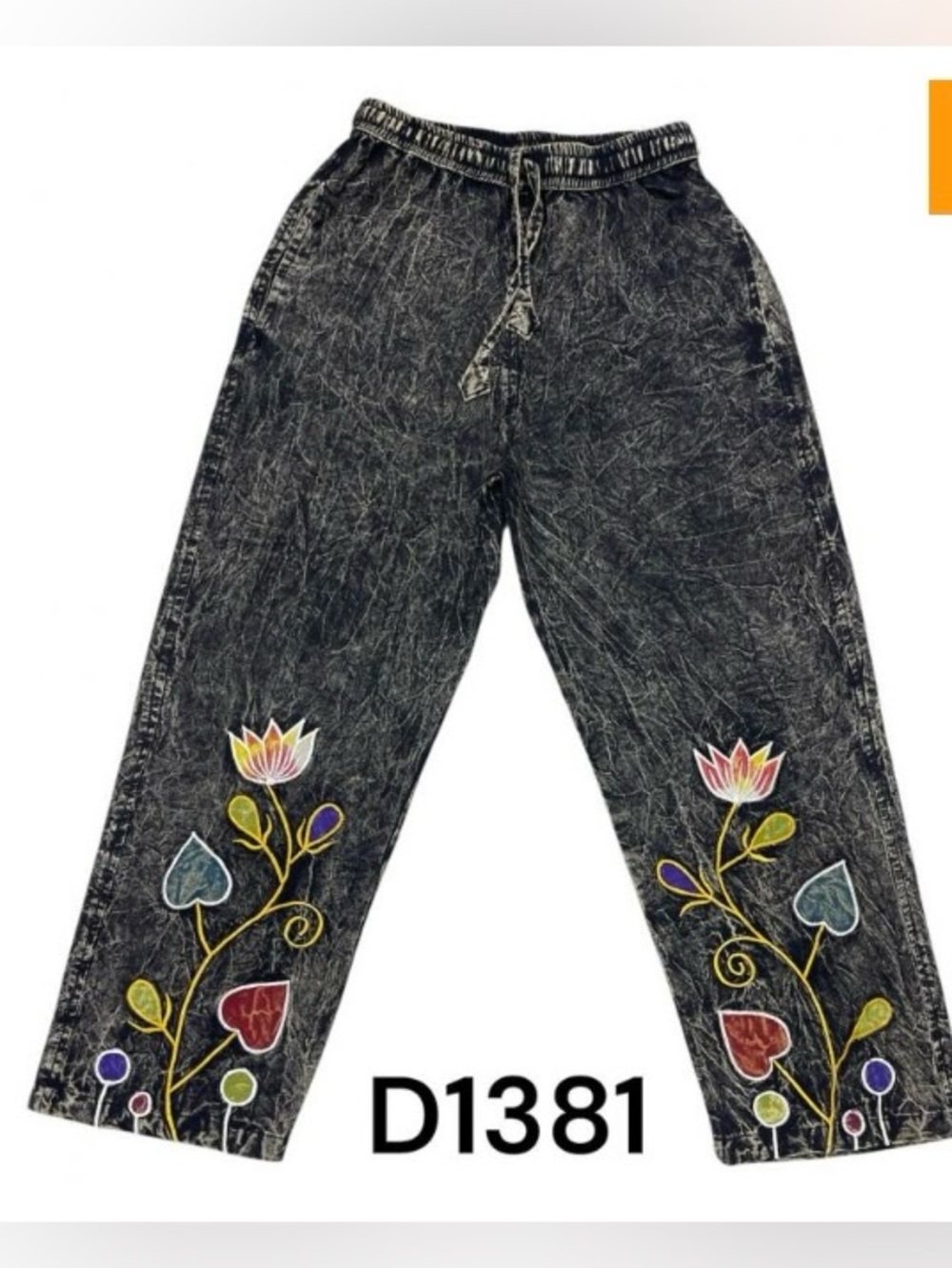 Cotton Black Rock Rose Flowers Embroidery Pant